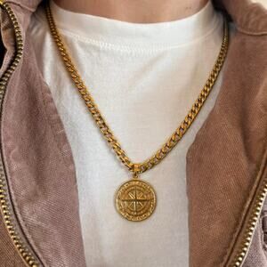 Y2K 2000s Vintage Gold Compass Pendant Necklace Unisex Cuban Chain New